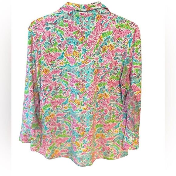 Ibkul L Pink Turquoise Pickleball Golf Panther Print Sun Fabric Athletic Shirt - Picture 2 of 7